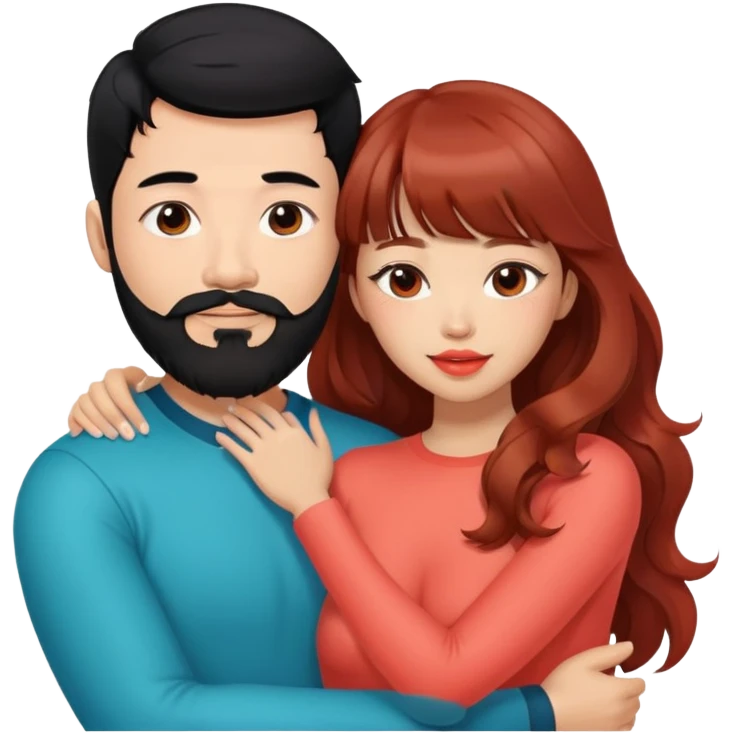 sexy asian man with black hair and beard, hugging cute tan skin woman with long wavy reddish brown hair with bangs and coral lipstick emoji