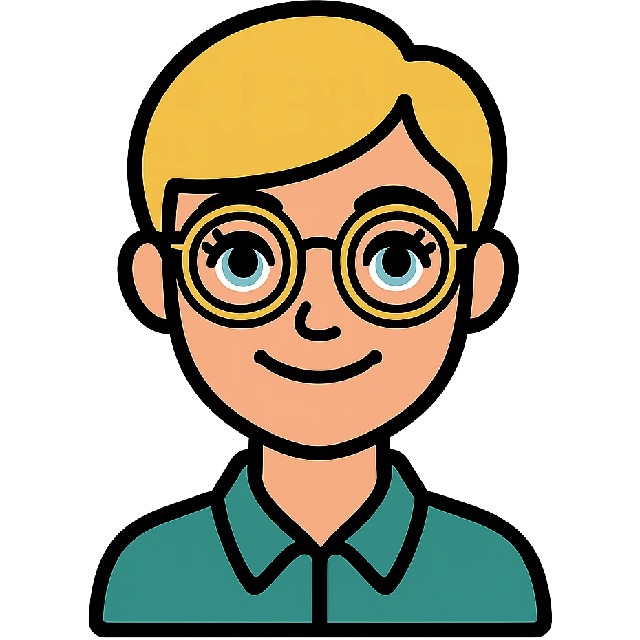 blonde teacher with pixie haircut, gold glasses, blue eyes, big eyelashes, nice smile icon-color-outlined style emoji