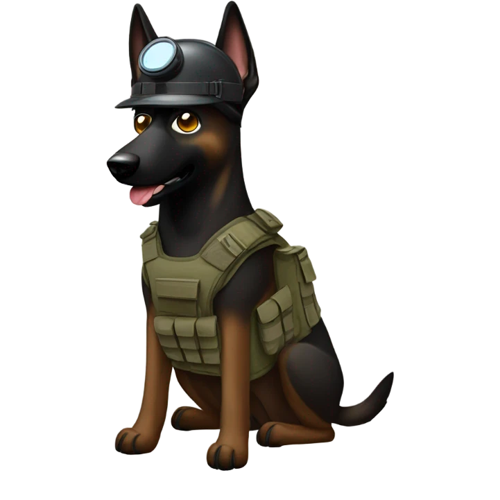 Dark Belgian malinois, tactical vest, tactical helmet, goggles emoji