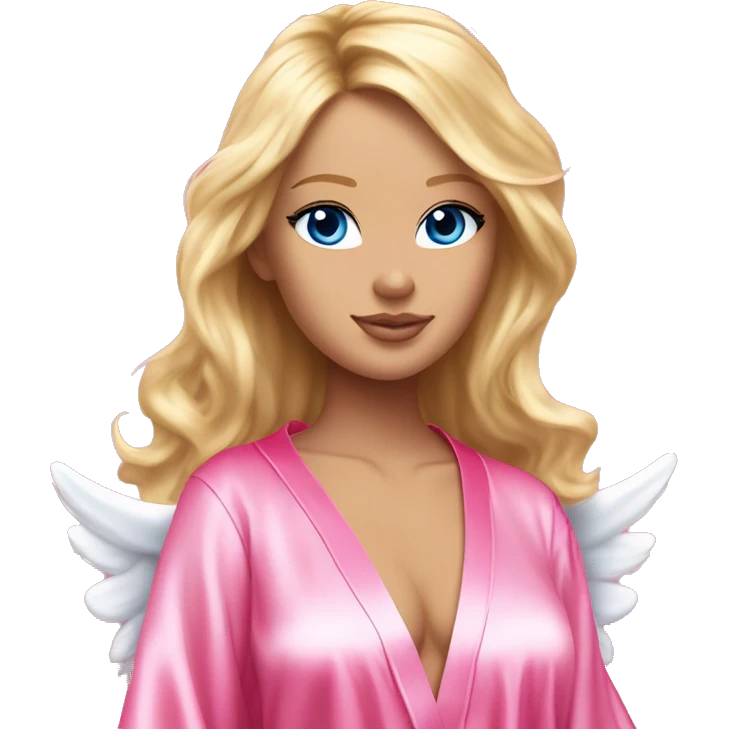 Blonde hair blue eye Victoria secret angel in pink silk robe with white angel wings emoji