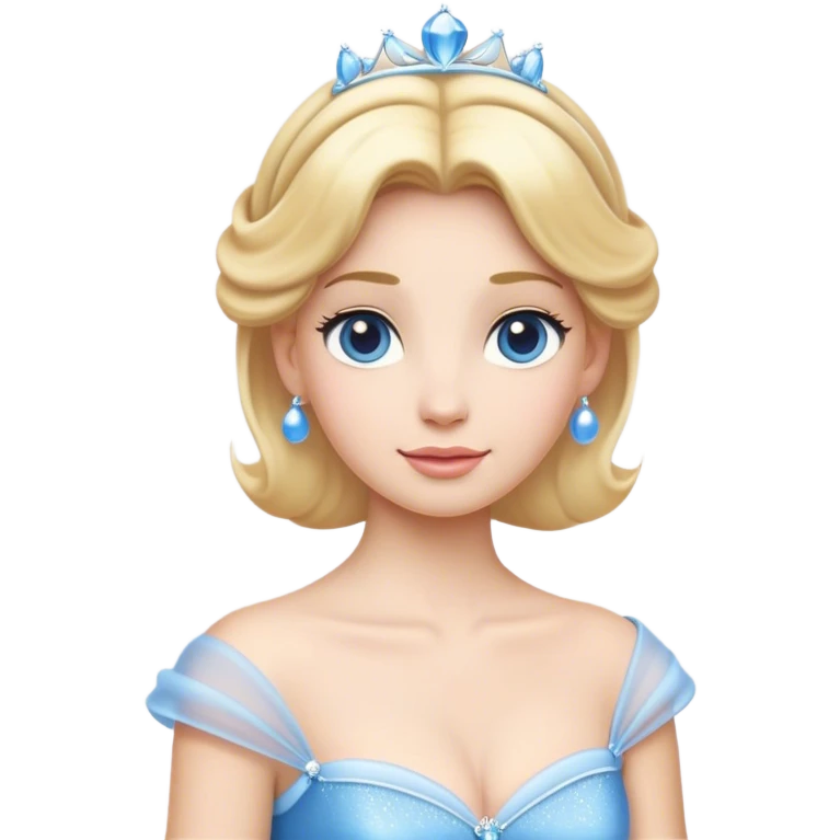 Cinematic Elegant Cinderella Portrait Emoji, rendered in a flat, vector-style with minimal shading and bold, simplified shapes. Depict Cinderella in her classic ball gown (chest and above) with fair, porcelain skin and elegantly styled blonde hair, her eyes soft and kind, and her expression serene and graceful. The design glows with a gentle, enchanting radiance and high shine, capturing the timeless beauty of a fairy tale princess. emoji