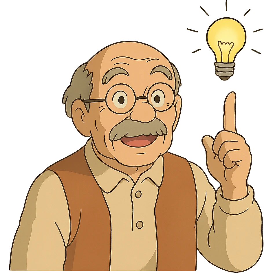 ghibli style elderly man pointing his finger up at a light bulb, pretending that he has an idea emoji