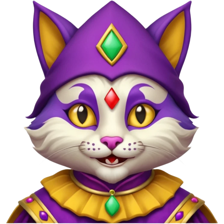 crazy colorful cute little cat jolly joker from poker, medieval, vintage, court jester, mac os icon, purple and yellow color, half body emoji