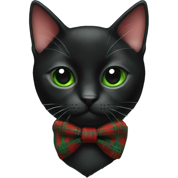 Black cat wearing a green and red plaid bow tie colar. emoji
