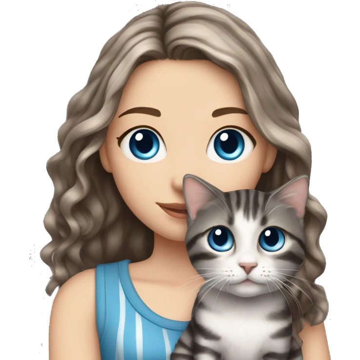 A White girl with long wavy brown hair and blue eyes holds a small gray with black stripes kitten emoji
