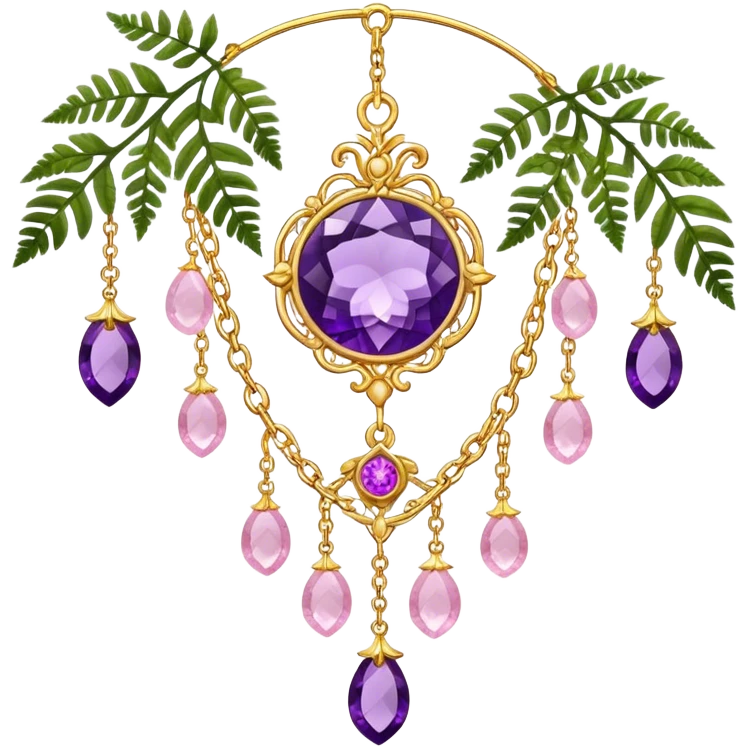 Hanging suncatcher, gold chains with shiny sparkly amethyst and rose-quartz gemstones, roses, fern-leaves  emoji