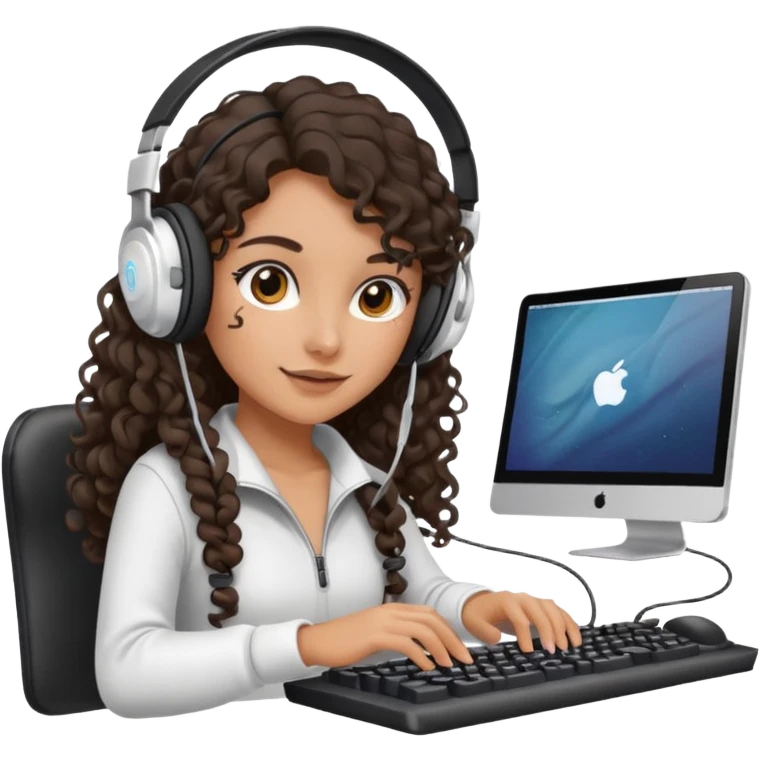 Spanish girl with long dark curly hair, wearing a white gaming headset and playing on keyboard with a gaming mouse in one hand emoji