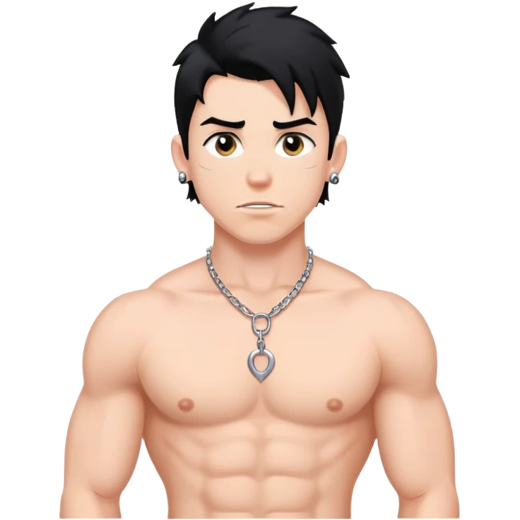 young white man with black hair, muscular, shirtless with prominent nipple piercings, nipple rings emoji