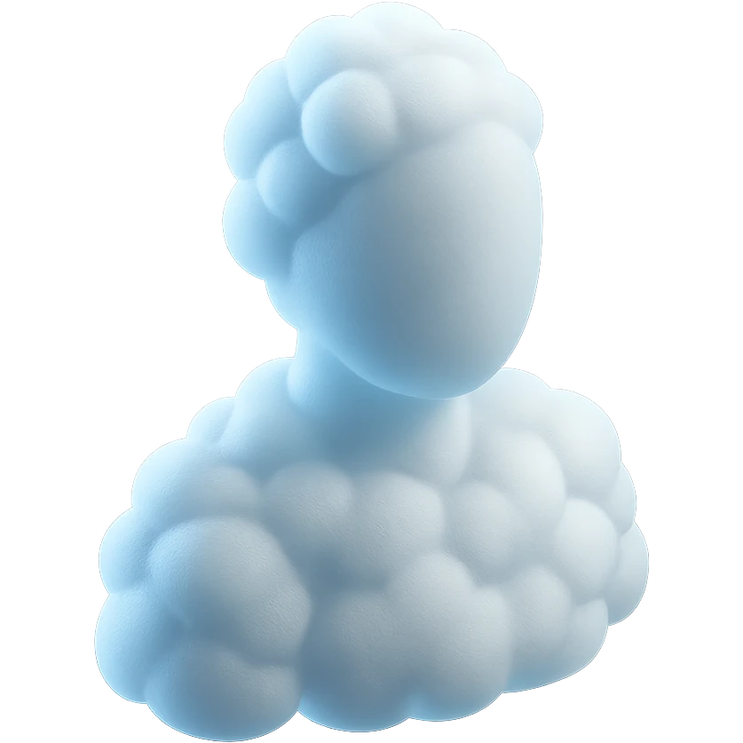 a person from shoulders up, facing straight, entirely made of white fluffy convex clouds, no shadows, matte glass style emoji