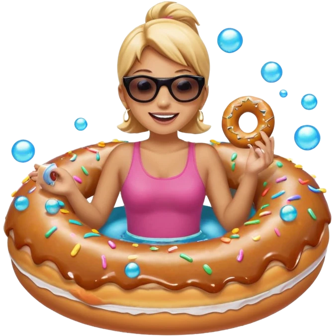 A woman riding a donut float, with bubbles popping all around her emoji
