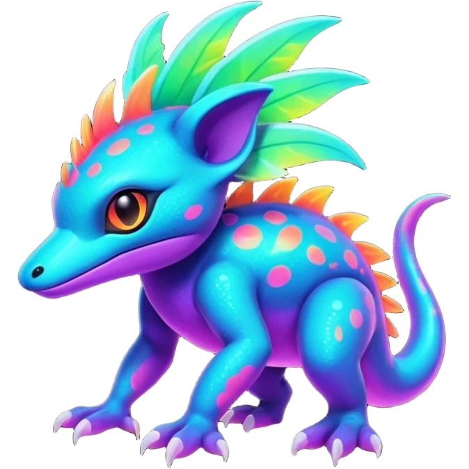 Exotic futuristic lush warm-colored neon tropical Fakémon-Fionbri-creature with cool-colored splash markings  emoji