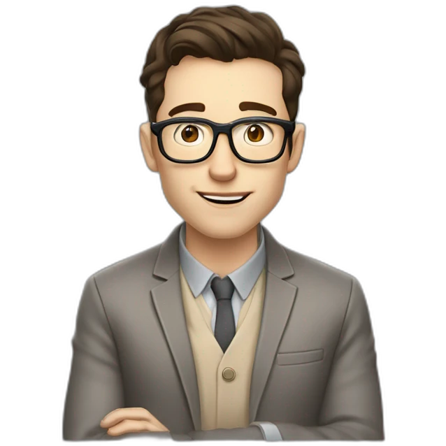 Pale skinned Fit Man With dark brown hair in gray jacket, beige office shirt, Brown pants and vintage glasses sitting In a soft chair with a notebook and a pen Fooling with his tongue emoji