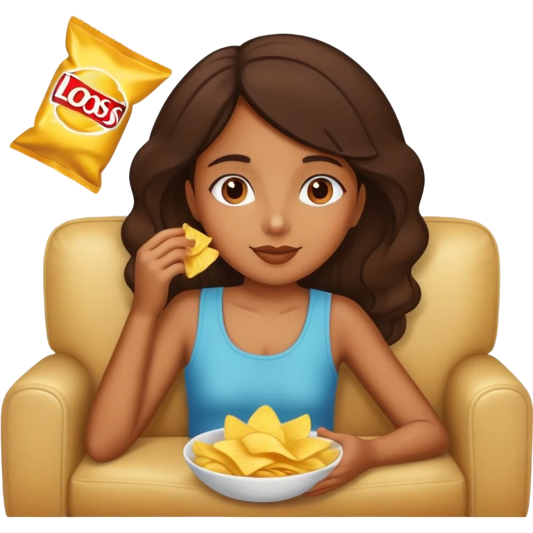 home brown girl with chips and drink, lying at the sofa emoji
