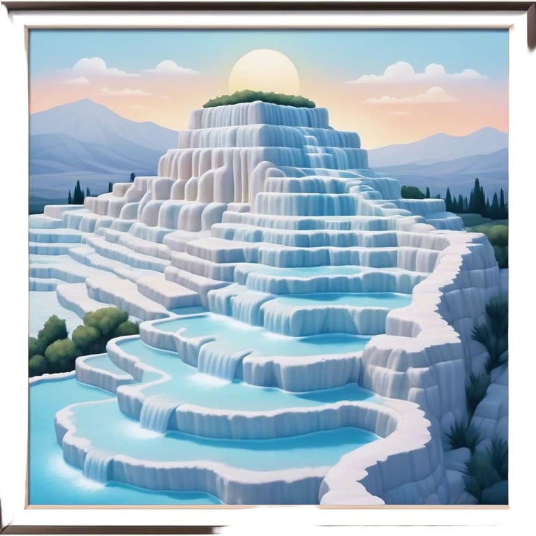 Cinematic Realistic Pamukkale Landmark Emoji, showcasing surreal cascading terraces of thermal waters rendered with ethereal textures and soft, luminous lighting. emoji