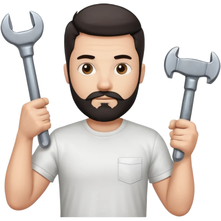  guy who looks very handsome, he has a dark beard, wears a white tee shirt and holds a wrench in one hand and a black hammer in the other hand emoji