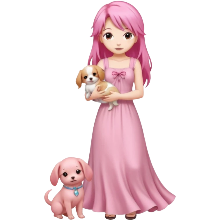 Pastel anime lady long hair pink long dress full body holding puppy emoji