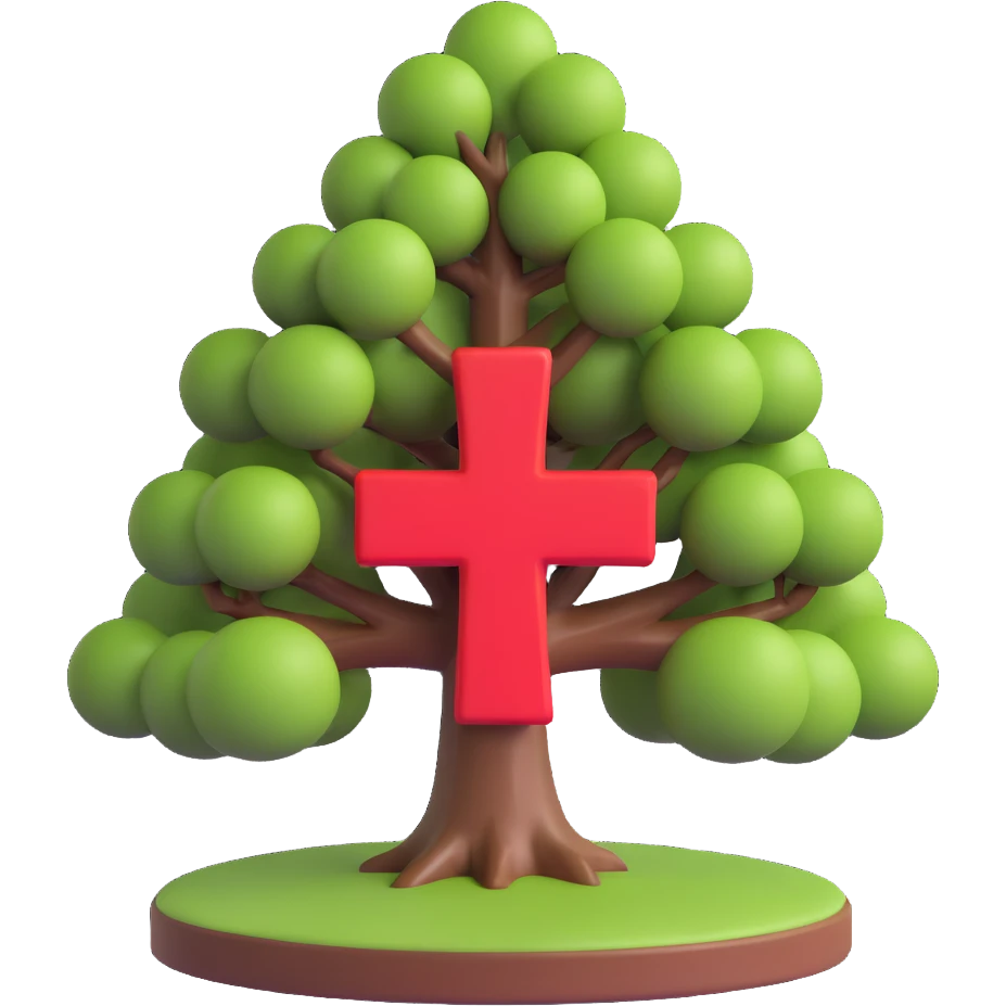 3D full color tree with a red plus sign in the center, conveying health or hospital theme emoji