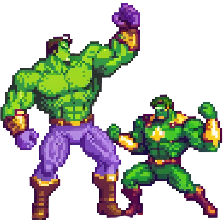 Hulk vs Thanos battle scene, green muscular superhero fighting purple villain with Infinity Gauntlet, action poses emoji