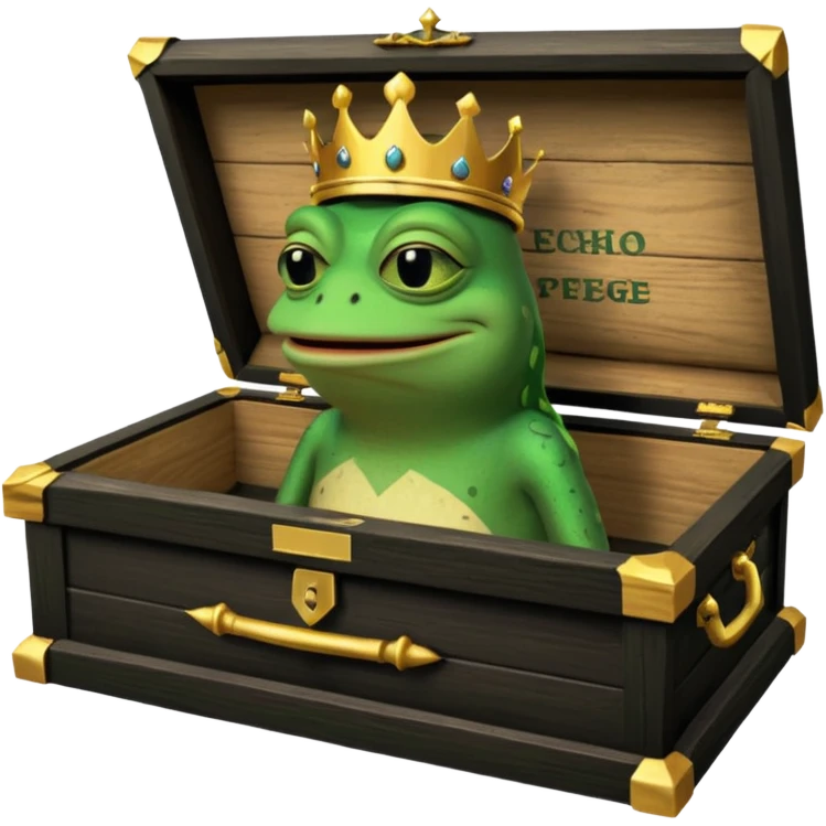 Emoji of an empty wooden coffin with its lid on top, the word ‘ECHO’ carved into the lid. The coffin is shown from the outside. A king-like Pepe the Frog, standing outside the coffin, is hammering nails into the lid to seal it shut. No character is inside the coffin. Not a treasure chest. emoji