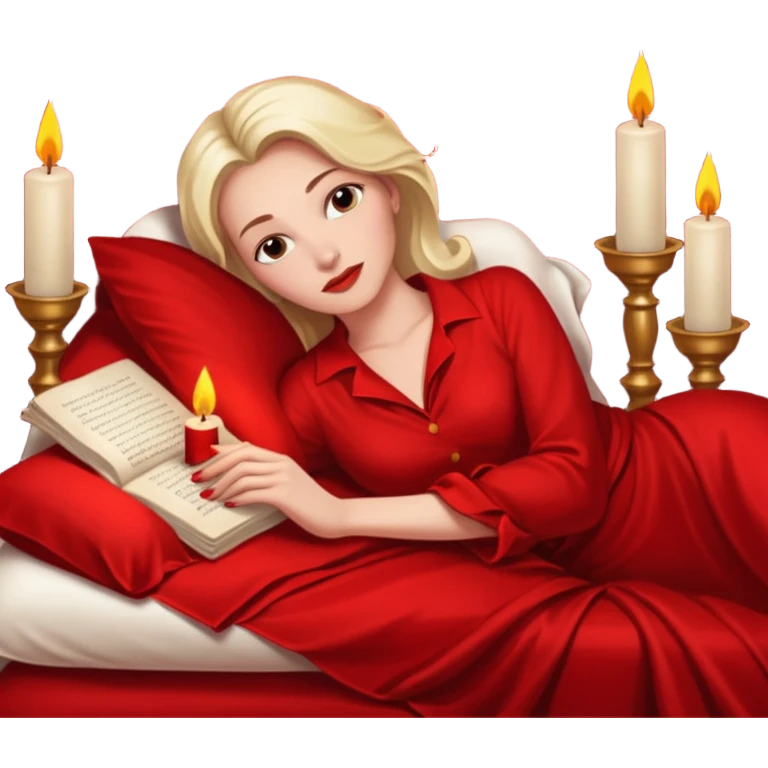 Low bed, red sheets, candles everywhere, woman reclining in shadowed control emoji