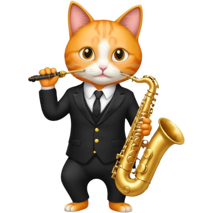 orange cat play gold saxophone, wear black suit emoji