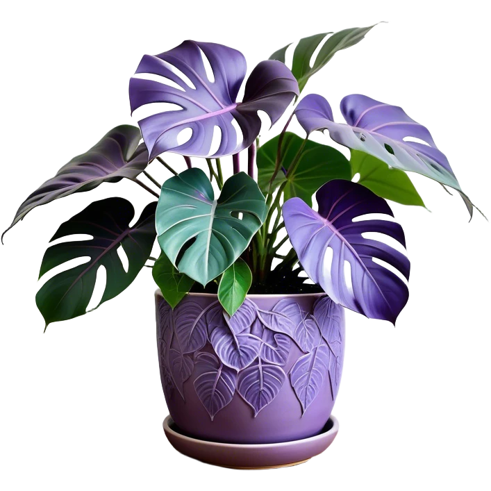 A stunning purple monstera plant with deep violet-green leaves, each leaf elegantly veined with subtle shades of purple, creating an ethereal glow. The plant is flourishing in a beautifully crafted lavender ceramic pot with intricate embossed floral patterns. The background features a softly blurred, moody violet gradient, enhancing the plant’s lush aesthetic. Delicate strands of ivy and tiny lavender blossoms cascade around the pot, adding depth and harmony. Soft, diffused lighting casts a gentle glow, emphasizing the plant’s unique coloration and creating a dreamy, artistic composition. emoji