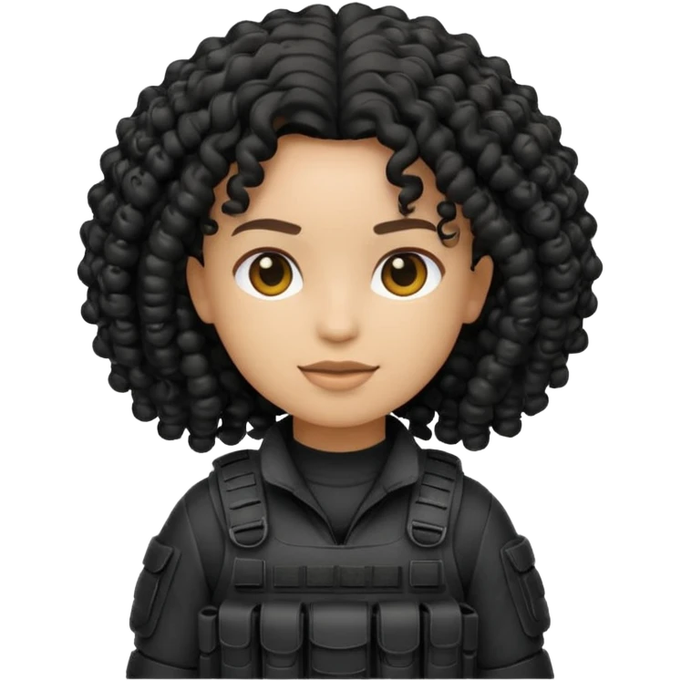 emoji dressed in black, curly hair, light skin, and tactical gear  emoji
