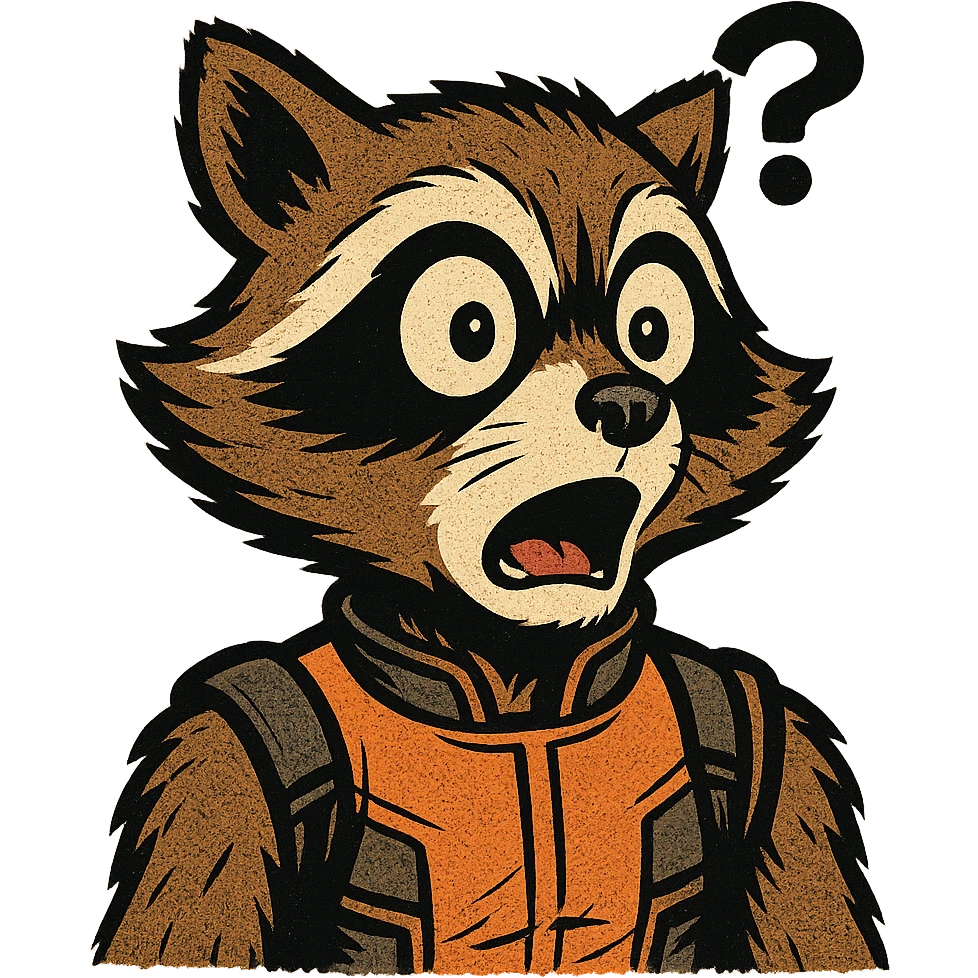 Rocket Raccoon in old school comic book style, surprised expression, wide eyes, with a question mark above his head emoji