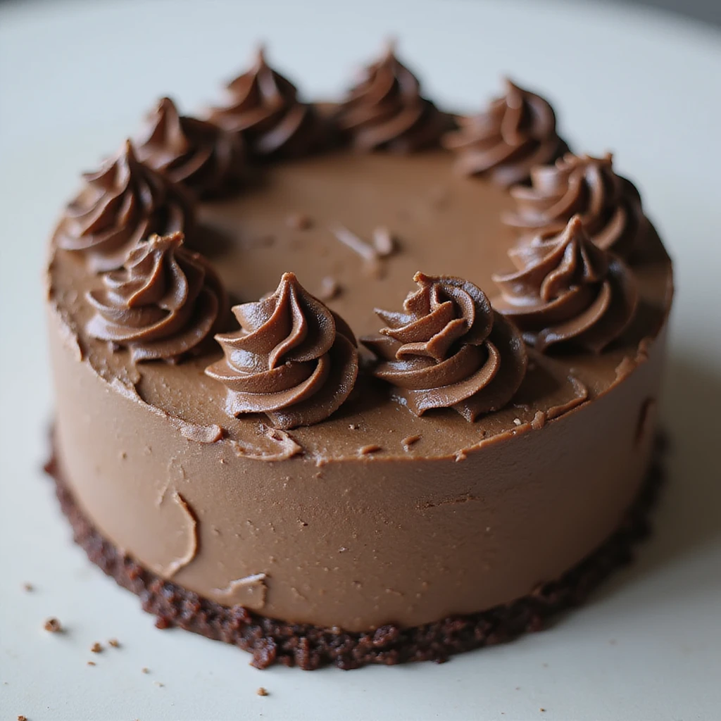 realistic round cake with mocha frosting and chocolate curls, photorealistic style emoji