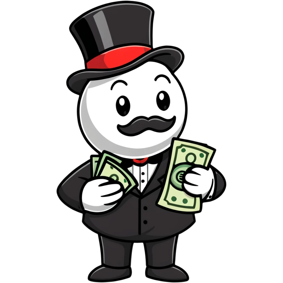 Rich Uncle Pennybags with money bag, monopoly mascot emoji