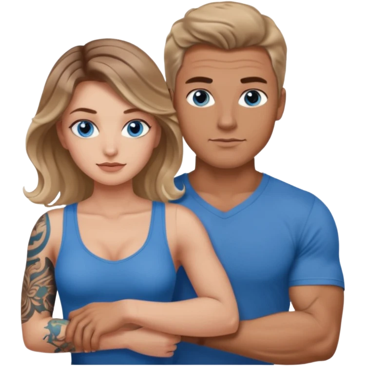 Women with blue eyes and brown blond balayage curled hair in the arms of a man with strong arms a straight face, a very sexy man blue eyes and tattoos on his arm  emoji