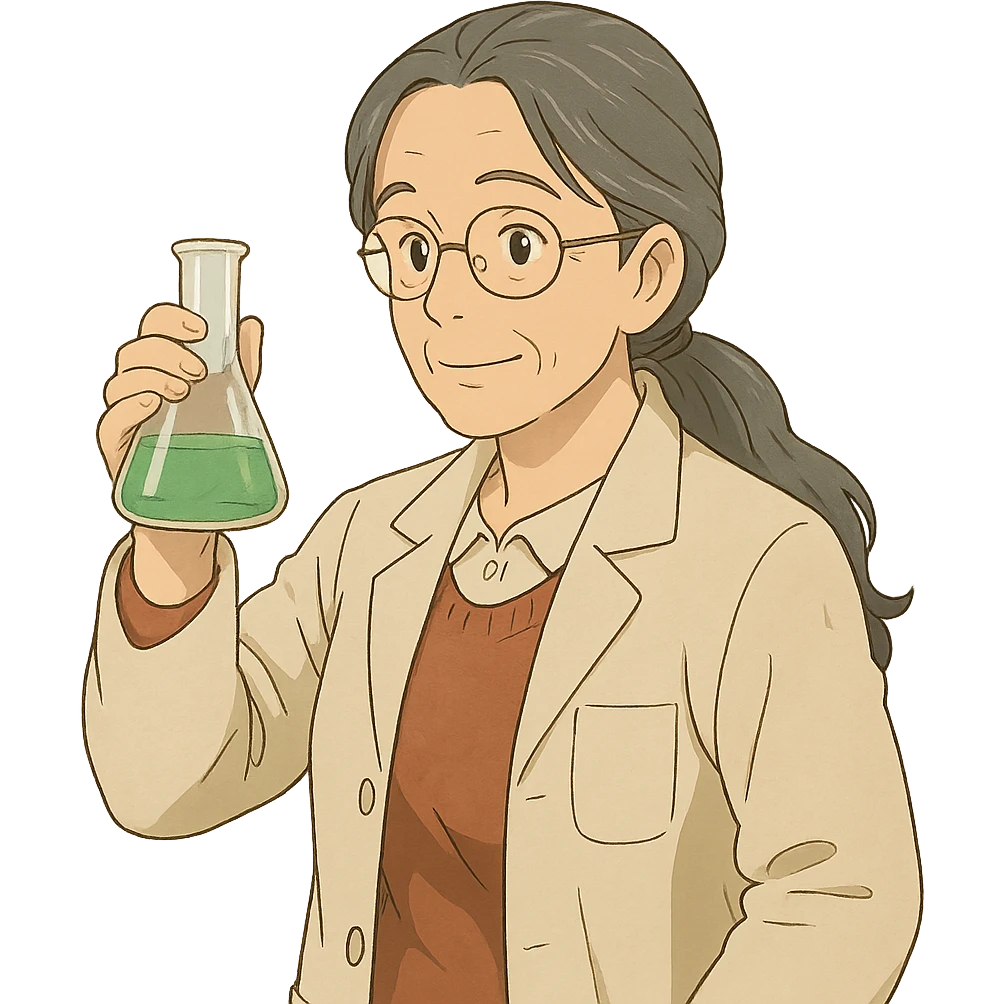 woman science teacher with long graying hair, holding a beaker, in ghibli style emoji