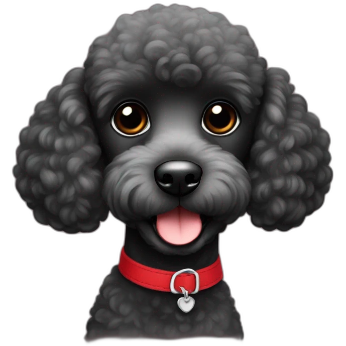 A cute tiny black poodle with black eyes and red collar emoji