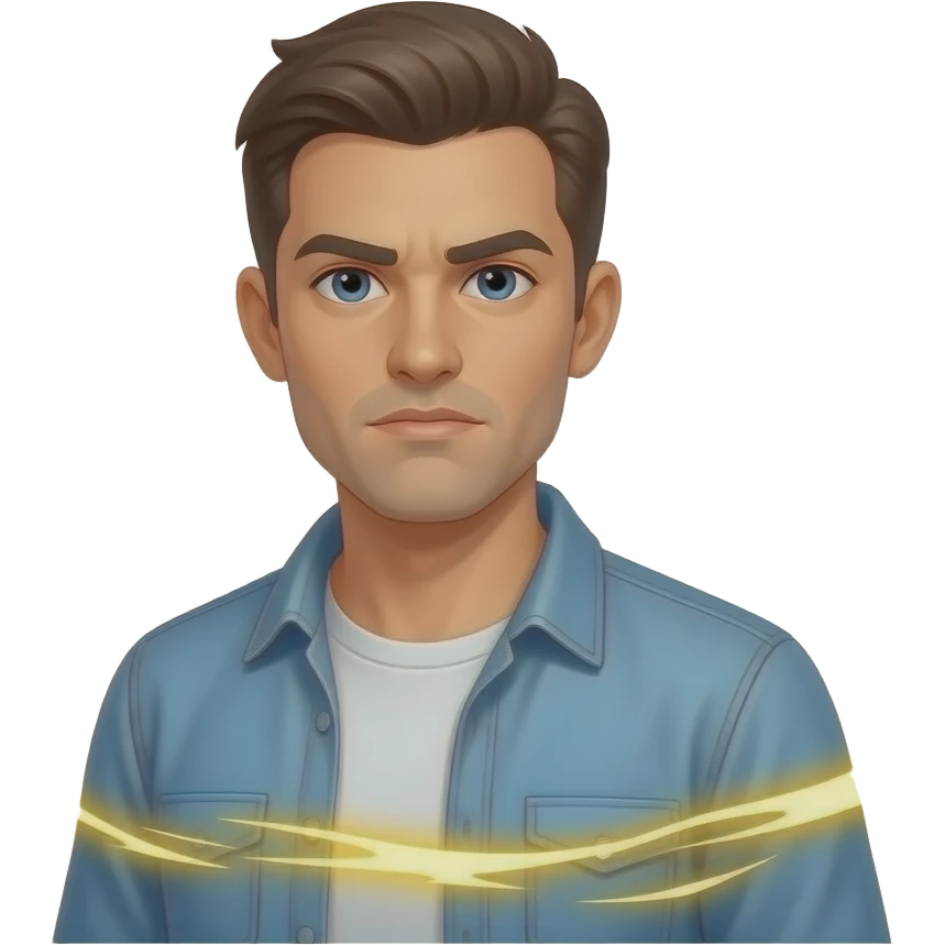 A informal man, glowing digital, communication, chat, a floating Facebook logo on the shoulder, looking at viewer with serious. Text on below: 'What's your topic, Ms. ?'. Shimmering gold energy, flat vector style, sharp edges emoji