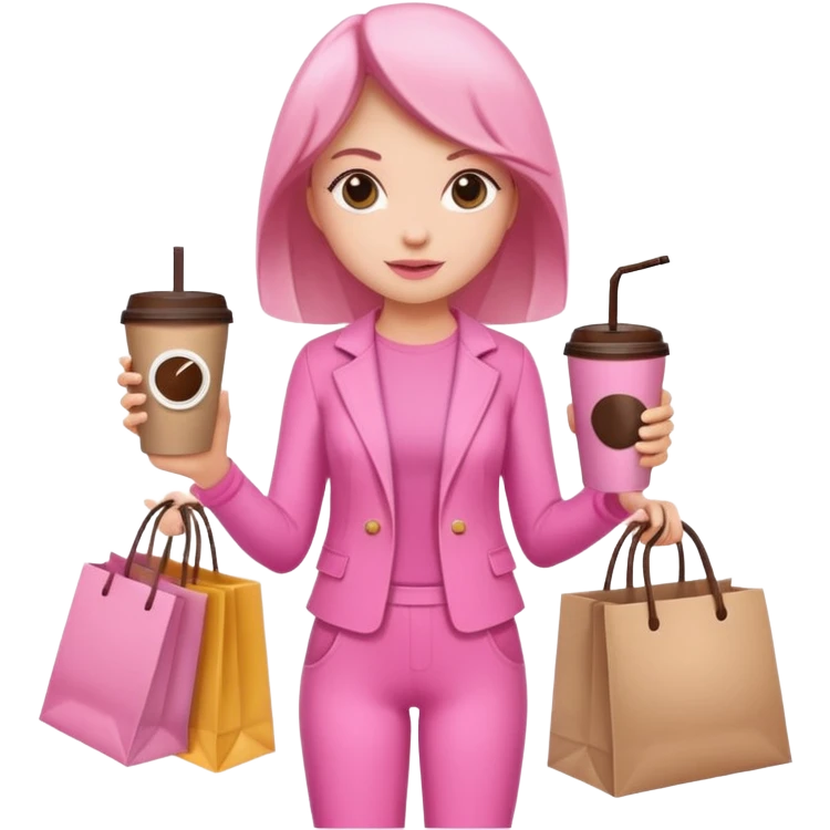 Girl with pink outfit and in hands shopping bags and coffee drink  emoji