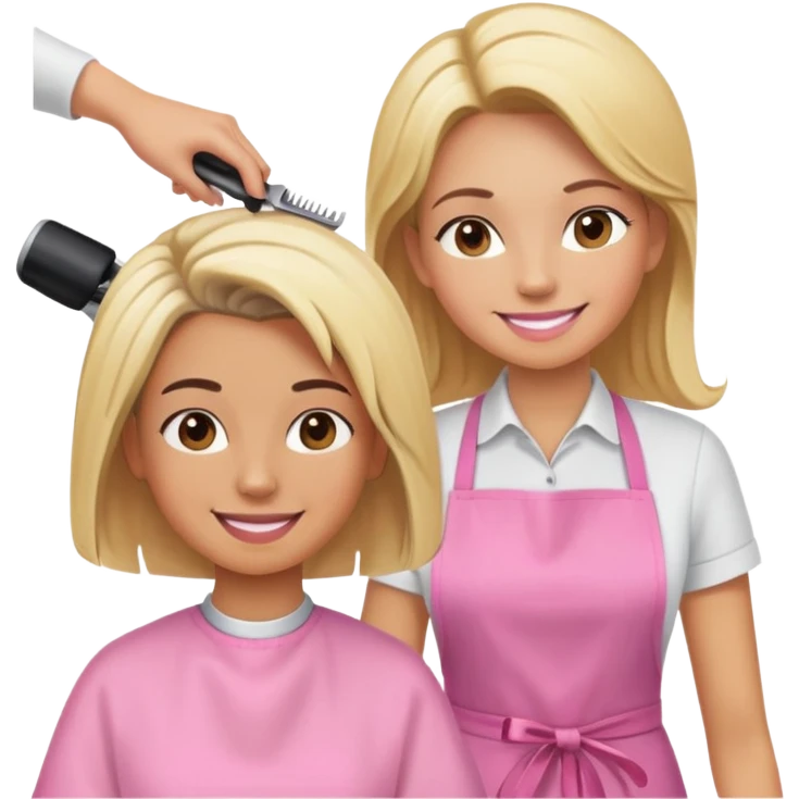 smiling woman in pink apron getting a haircut from a smiling female hairstylist emoji