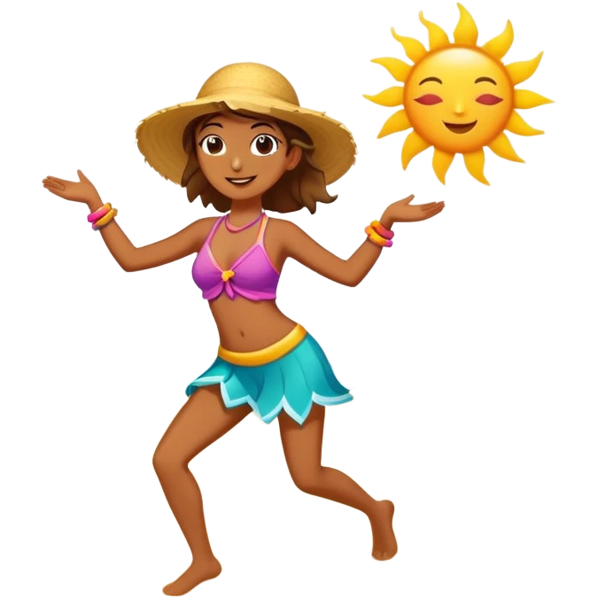 Colorful beach character dancing on sand with sun and ocean, highlighted emoji