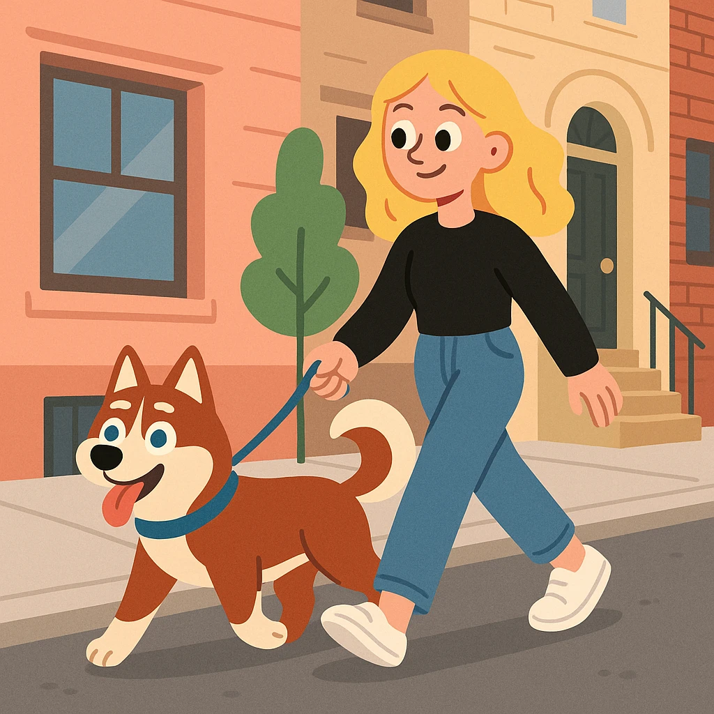 Cute Blonde woman wearing a black sweater and jeans and white sneakers walking a happy red-brown blue-eyed Siberian husky in New York City on an upper east side city sidewalk  emoji