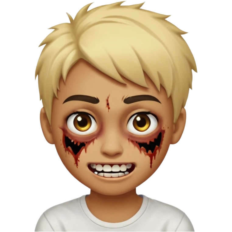 Teenager. Short buzz, messy blonde hair. Dark brown bushy eyebrows large expressive golden-brown eyes, brown skin color, scar over nose, wearing a plain white t-shirt. Crooked grin showing imperfect teeth, one side raised higher than the other, zombie-like smile . brown skin color.  emoji