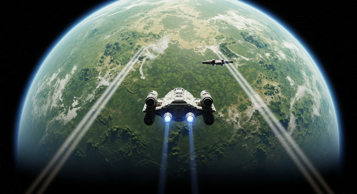 cinematic still, motion blur shutter speed, establishing shot, shot from top, entire globe green planet,  starship coming to planet, inspired by StarWars movie, captured by arri alexa  emoji