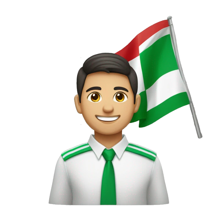 Un señor latino joven, con sonrisa y ropa verde y blanca CON BANDERA DEL PARTIDO VERDE ECOLOGISTA DE MEXICO emoji