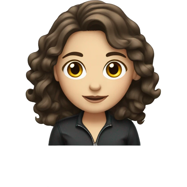 white girl with wavy dark brown hair below shoulder length on a laptop with sticker emoji