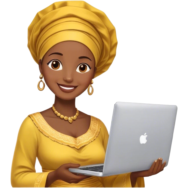 AFRICAN mother wearing gele, smiling, holding laptop on hand emoji