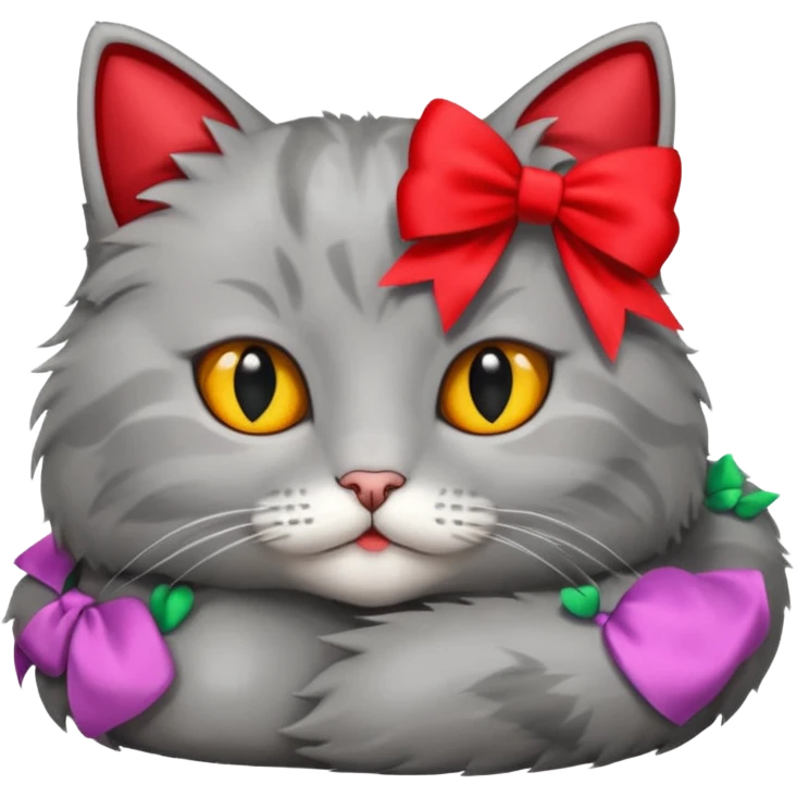 A fluffy grey cat is lying down with a red bow on its neck. emoji