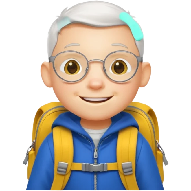 Stuart Little with a yellow backpack, smiling emoji