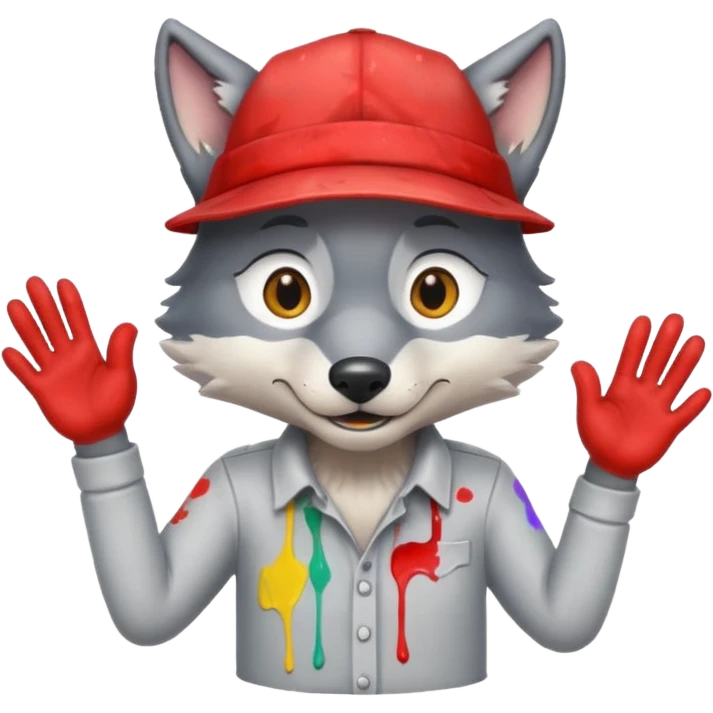 Wolf cartoon shaking hand wering hat and paint shirt  emoji