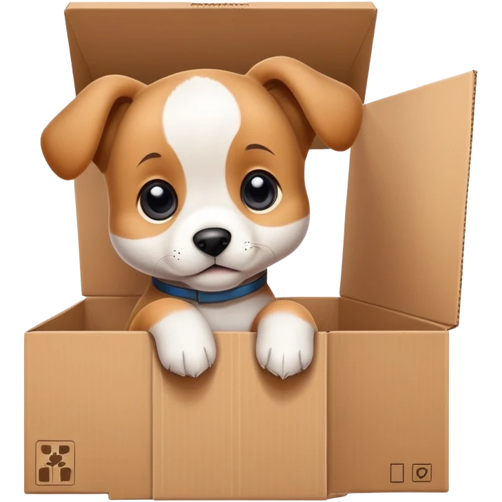  A very cute young puppy  with one's head tilted to one side poked its paws out of the cardboard big box and placed them on top of it emoji