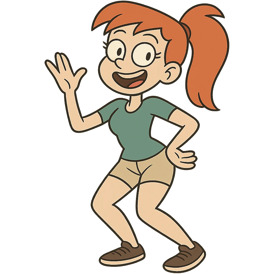 red-haired girl in a playful pose, cartoonish and exaggerated emoji