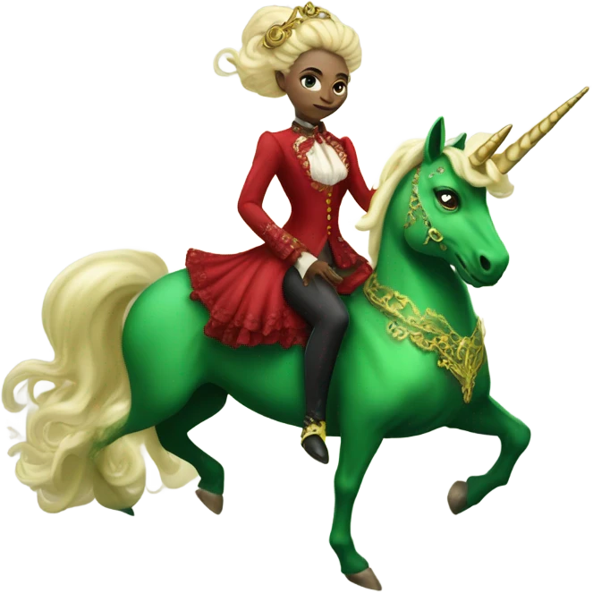"galora green blonde alien woman" in red Victorian elegant dress, full body, rides unicorn gold and white surrounded by fire
 emoji