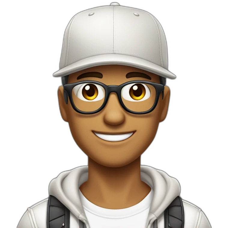 Chico con pecas y gorra cool tez blanca con lentes cool y look urbano ojos color café claro , bonita sonrisa corte de cabello cómo hongo emoji